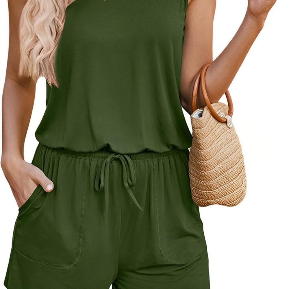 Women Summer Romper Sleeveless Tank Top Pockets Casual Short Jumpsuit